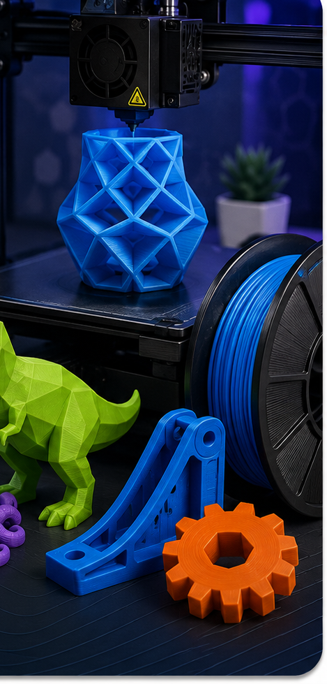 Colorful 3D printed objects — a blue vase, green T-rex, orange gear and blue bracket beside a 3D printer