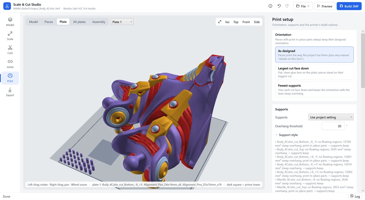 Single plate view with orientation choices and a per-piece support report
