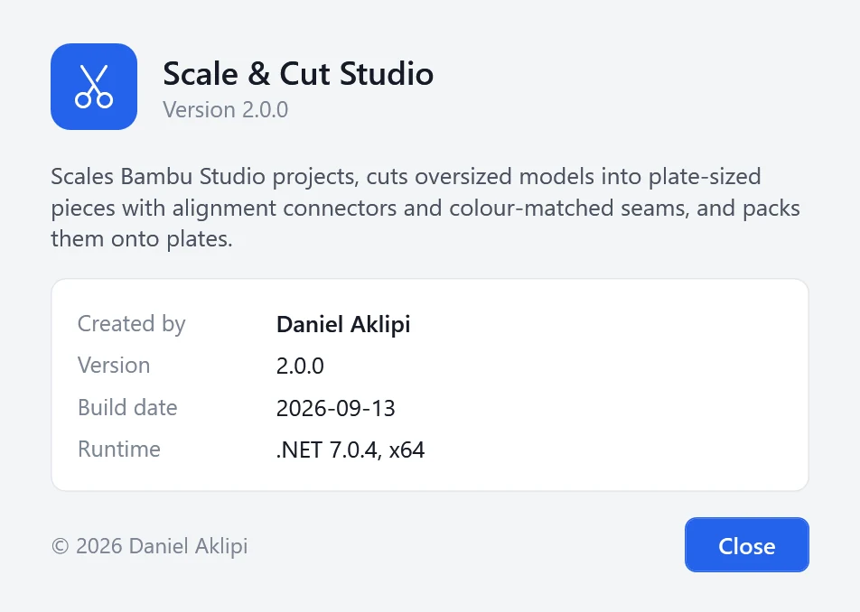 About dialog showing Scale and Cut Studio version 2.0.0, built 2026-09-13 on .NET 7.0.4 x64